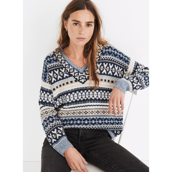 Madewell Navy and Cream Patterned Crew Neck Sweater - Picture 4 of 8